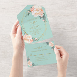 Casamento Dourado Pêssego Floral de Blush Verde