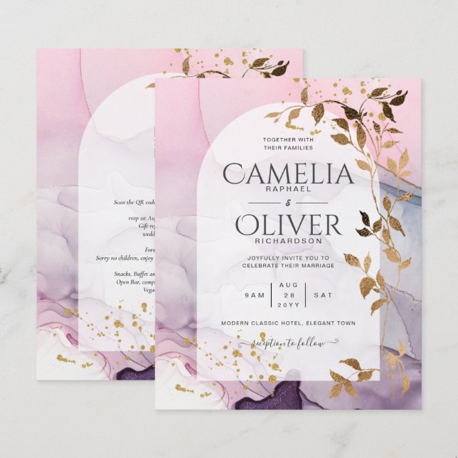 Casamento Dourado Rosa Rosa Púrpura de Mão-de-Tint (Frente/Verso)