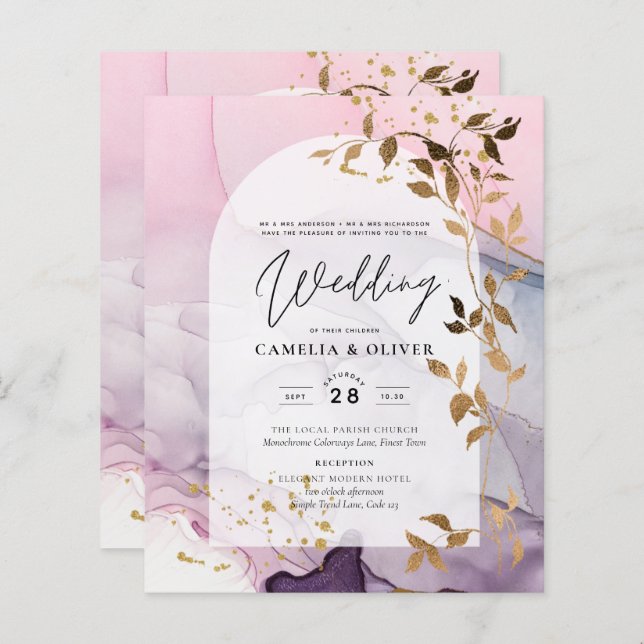 Casamento Dourado Rosa Rosa Púrpura de Mão-de-Tint (Frente/Verso)