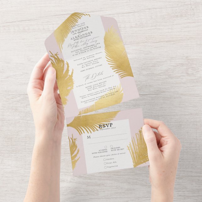 Casamento Dourado Tropical Moderno Palm Pink (Aba destacável)