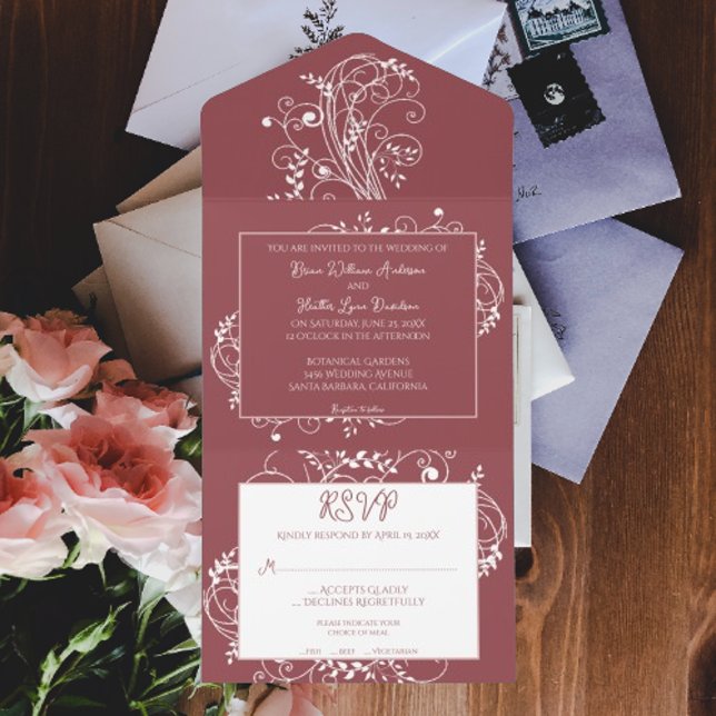 Casamento Dusty Rosa Flourish Tudo Em Um Convite (Dusty Rose Flourish All in One Wedding Invite)
