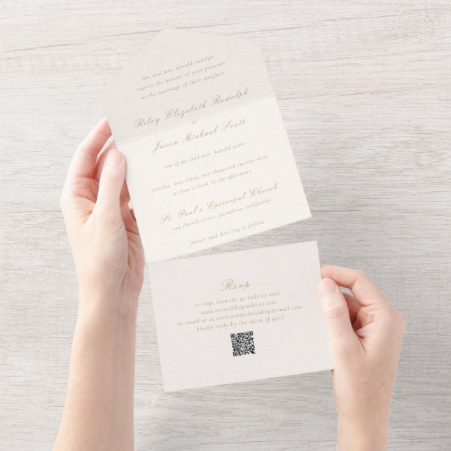 Casamento Elegante Código QR Marfim e Dourado (Aba destacável)