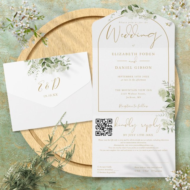 Casamento Elegante com Arco de Ouro e Código QR Ve (Elegant Gold Arch QR Code Greenery Wedding All In One Invitation)