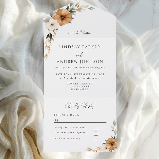 Casamento Elegante com Cobre e Botânica Terrosa (Elegant Copper & Earthy Botanical Wedding All In One Invitation)