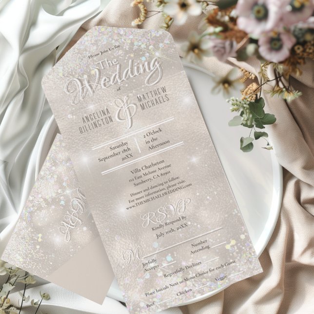 Casamento Elegante com Confetes de Champagne (Elegant Champagne Glitter Confetti Wedding All In One Invitation)