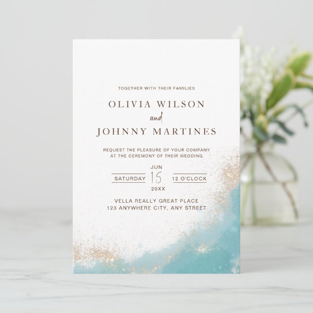 Casamento Elegante Convite Azul E Dourado (Em pé/Frente)