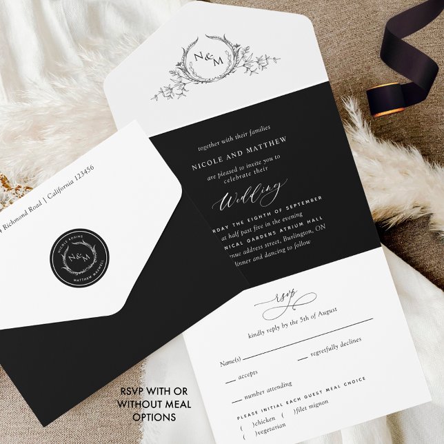 Casamento Elegante de Monograma Branco e Preto com (Criador carregado)
