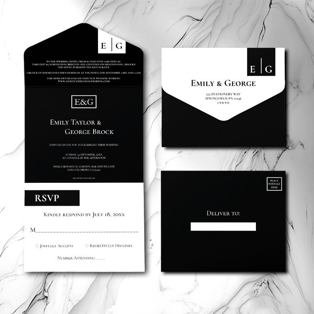 Casamento Elegante De Monograma Branco E Preto Mod (Criador carregado)