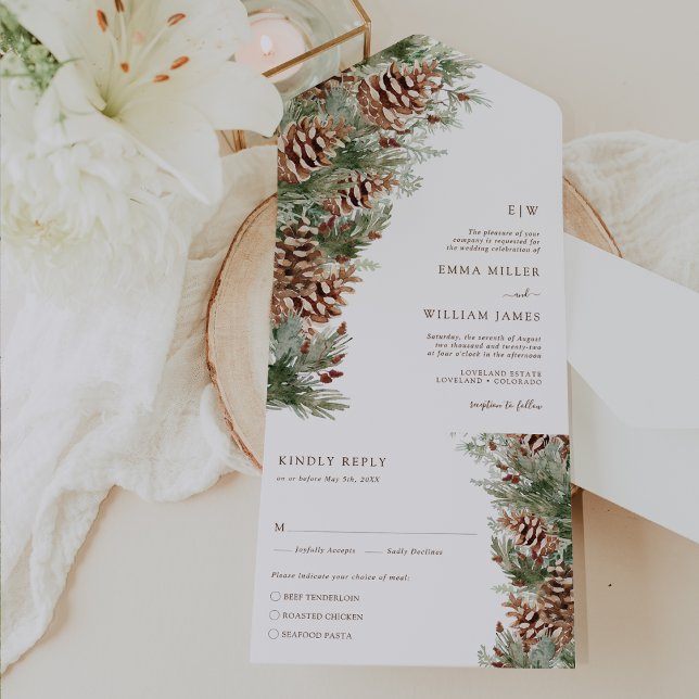 Casamento Elegante de Pinheiro (Elegant Pine Floral Monogrammed Wedding All In One Invitation by Painted Paperie
)