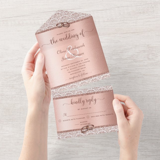 Casamento Elegante de rosa Dourado Glitter Damask (Aba destacável)