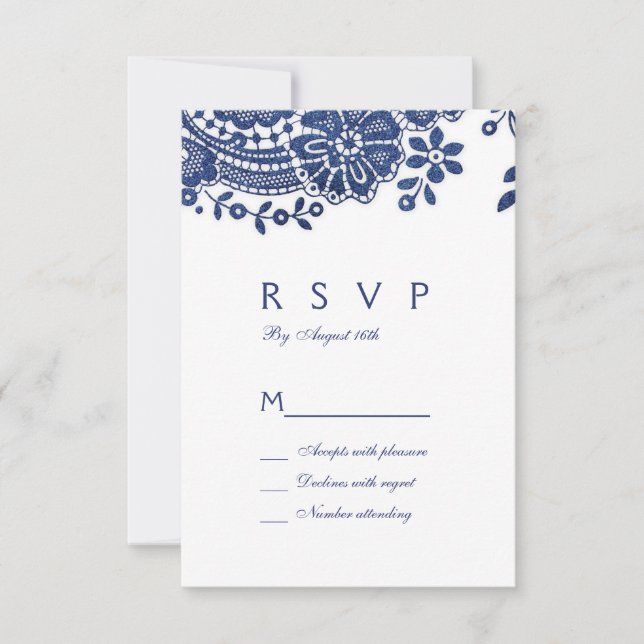 Casamento elegante de vintage azul e branco RSVP (Frente)