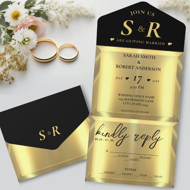 Casamento Elegante do Bar Dourado (Gold Bar Elegant Wedding All In One Invitation)