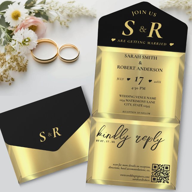 Casamento Elegante do Bar Dourado (Gold Bar Elegant Wedding All In One Invitation)