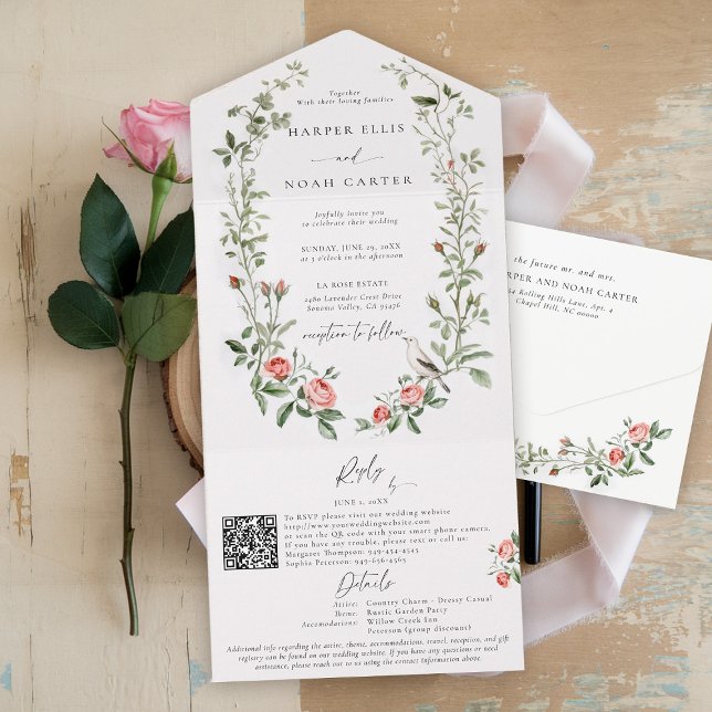 Casamento Elegante do Jardim das Aves de Rosa com  (watercolor wedding invitation french countryside cottage barn backyard all one rustic roses bird)