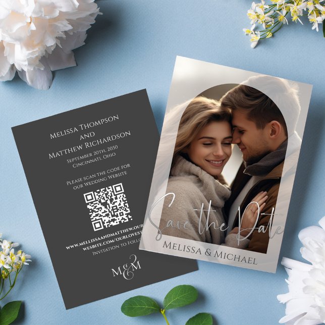 Casamento Elegante do Modelo de Arch Foto (Elegant Wedding Save the Date photo card with scannable QR Code. )