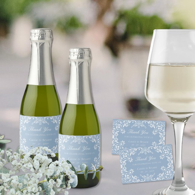 Casamento Elegante Dusty Blue Chinoiserie Obrigado (elegant dusty blue and white coastal chic wedding thank you labels for sparkling wine champagne)