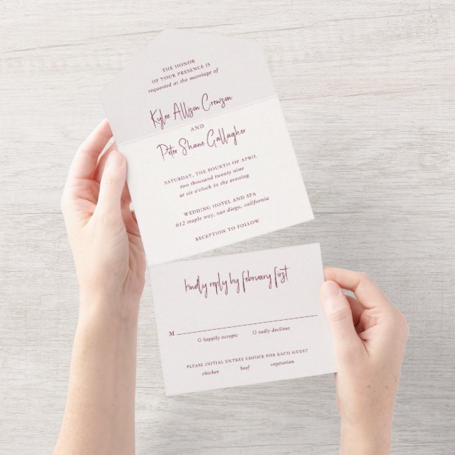 Casamento Elegante Escrito à Mão em Borgonha Moder (Aba destacável)