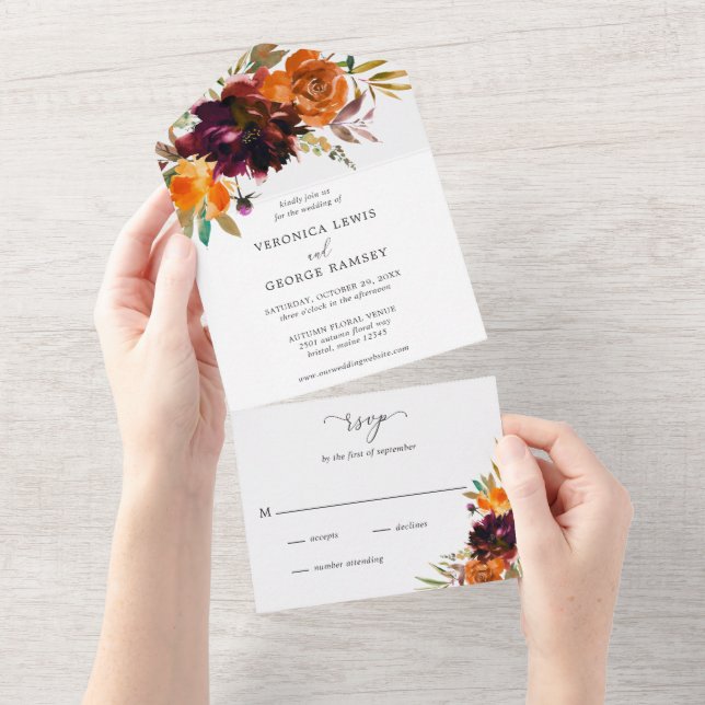 Casamento Elegante Floral de Borgonha Laranja Quei (Aba destacável)