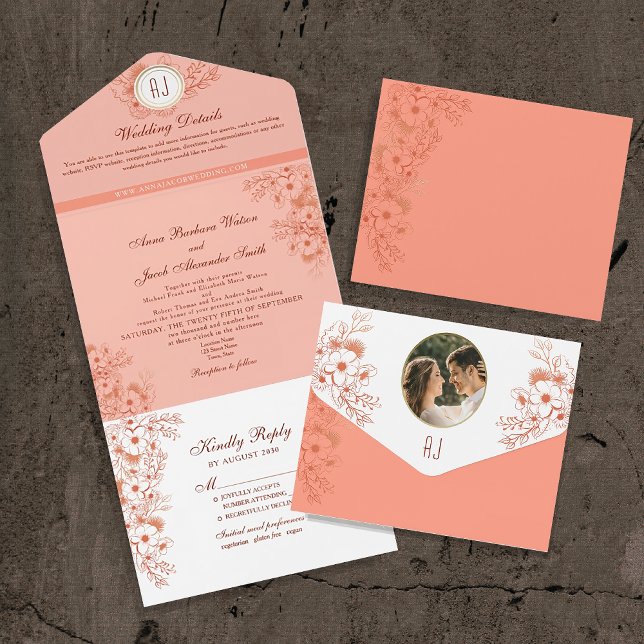 Casamento Elegante Monograma Pêssego (Criador carregado)