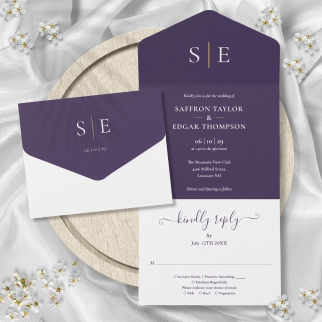 Casamento Elegante Monograma Roxo e Dourado (Monogram Elegant Purple And Gold Wedding All In One Invitation)