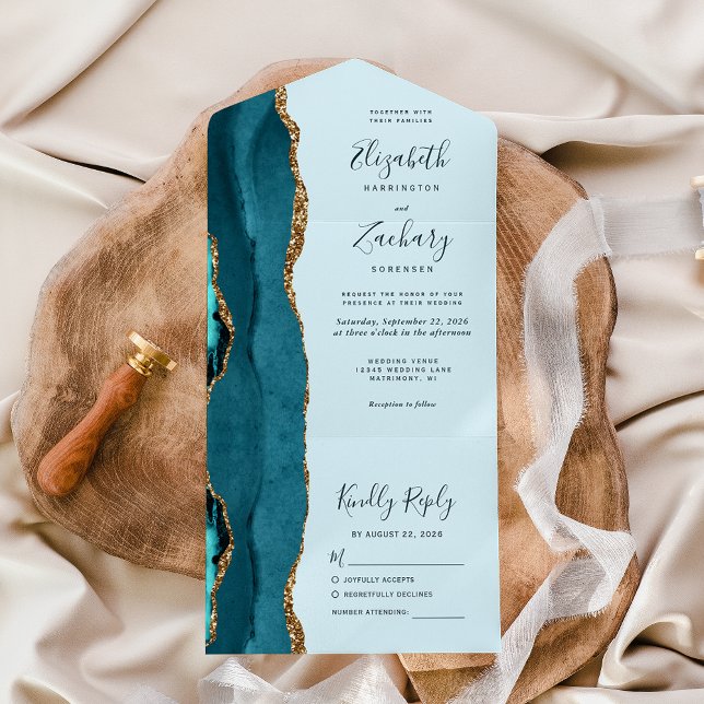 Casamento em Ágata Azul Teal Pálido Moderno Dourad (Criador carregado)