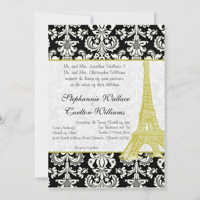 Casamento em Paris Black Damask Convite (Frente)