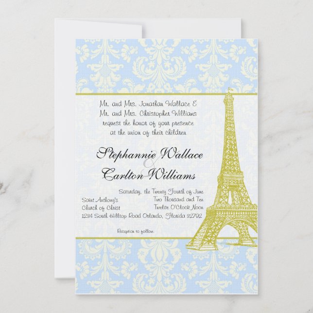 Casamento em Paris Blue Damask Convite (Frente)