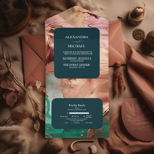 Casamento em rosa dourada com esmeralda abstrata