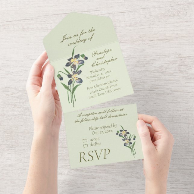 Casamento em tons de verde sálvia com violetas em  (Aba destacável)