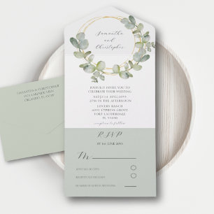 Casamento em Verde Eucalipto e Dourado em Aquarela