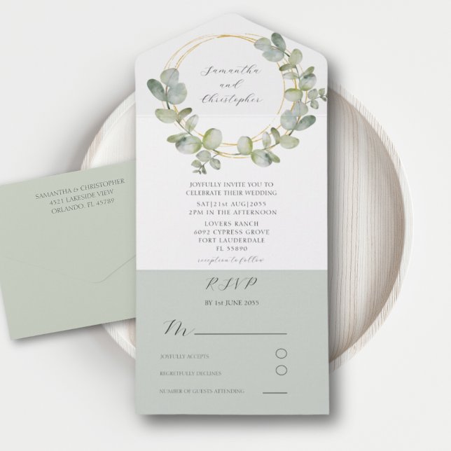Casamento em Verde Eucalipto e Dourado em Aquarela (Criador carregado)