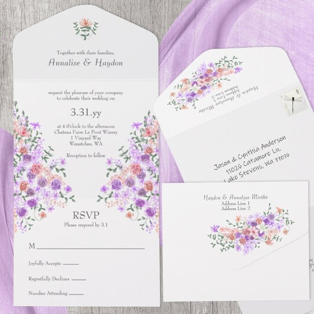 Casamento entre Lilac e Peach Rose Bouquet (lilac & peach all-in-one floral wedding invitations, rose vines springtime summer, purple, lavender)