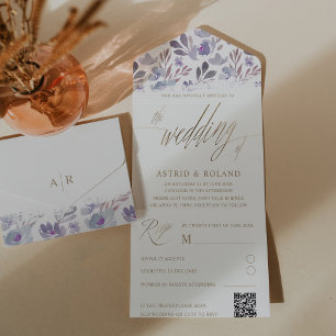 Casamento Escrito em Faux Dourado Floral Roxo Boho