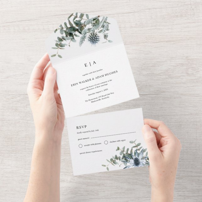 Casamento Eucalyptus com Thistle Azul de Aquarela (Aba destacável)
