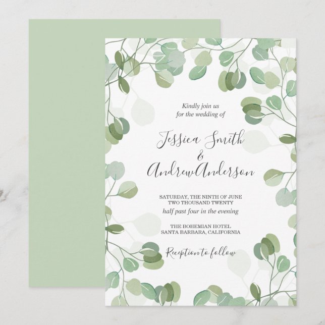 Casamento Eucalyptus Convite Greenery Rustic Boho (Frente/Verso)