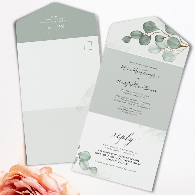 Casamento Eucalyptus Elegant Watercolor (Botanical green eucalyptus leaves wedding invitations.)