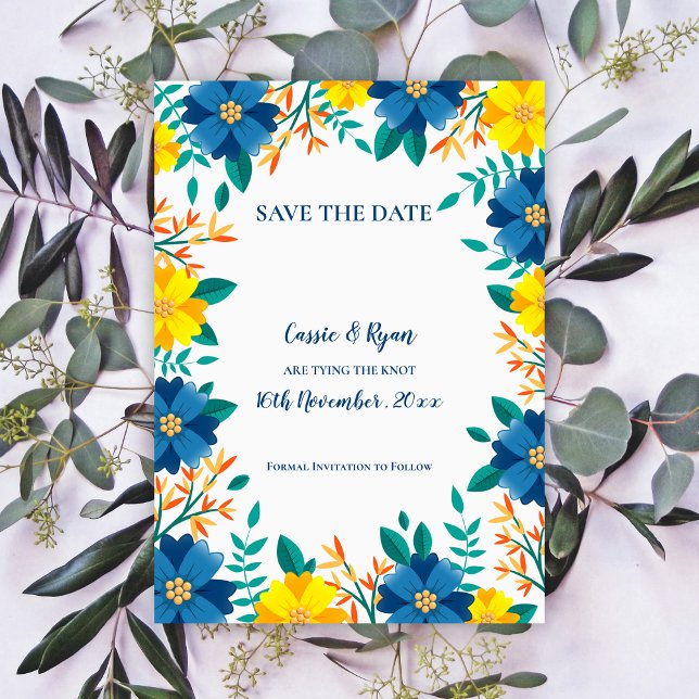 Casamento Floral Amarelo Azul bonito Salvar a Data (Pretty Blue Yellow Floral Wedding Save the Date)