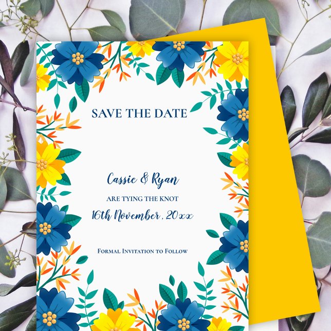 Casamento Floral Amarelo-Elegante Salva a Data (Elegant Blue Yellow Floral Wedding Save the Date)