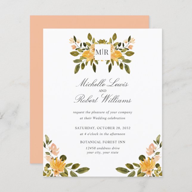 Casamento floral amarelo verde-chic Monograma (Frente/Verso)