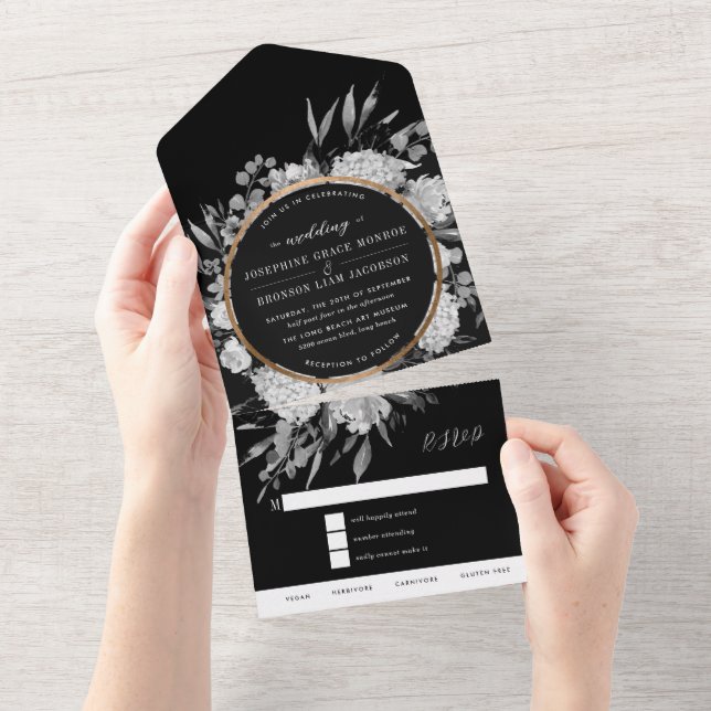 Casamento Floral Aquarela Preto e Branco (Aba destacável)