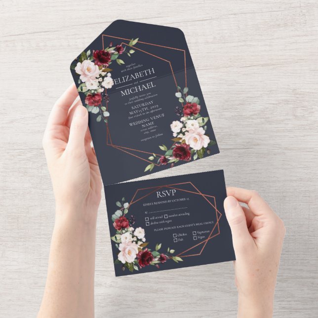 Casamento Floral Azul-Borgonha Geométrica de Cobre (Aba destacável)