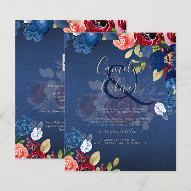 Casamento Floral Azul Borgonha Rústico (Frente/Verso)
