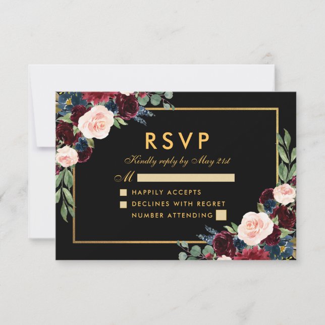 Casamento Floral Azul Burgundy RSVP Preto Dourado (Frente)