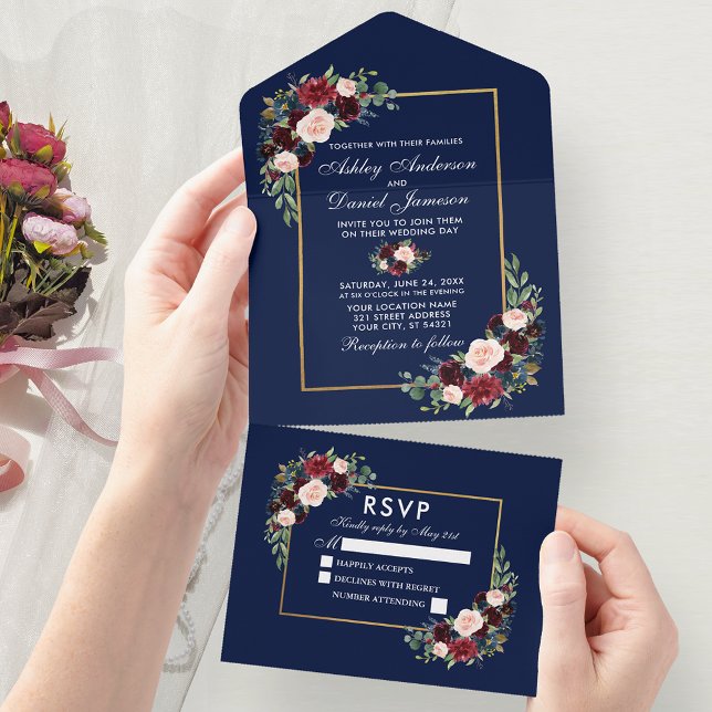 Casamento Floral Azul da Borgonha Elegante (All In One Wedding Invitation with tear off RSVP Card)