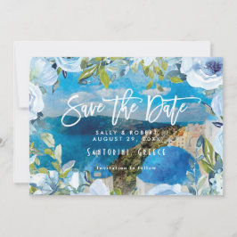 Casamento floral azul de Santorini guarde cartão d