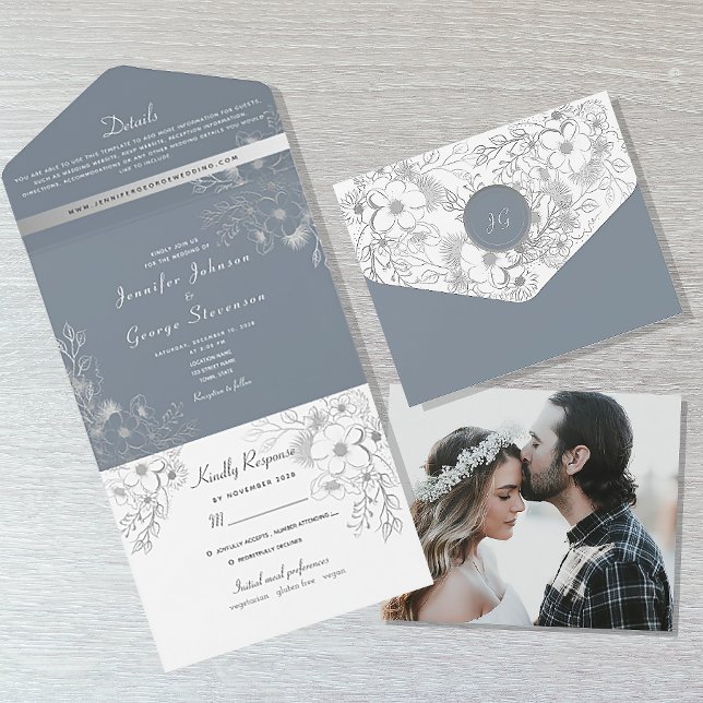 Casamento Floral Azul Desbotado Vintage (Criador carregado)