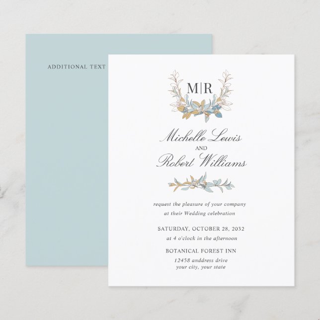 Casamento floral azul e Dourado do Quic Monograma (Frente/Verso)