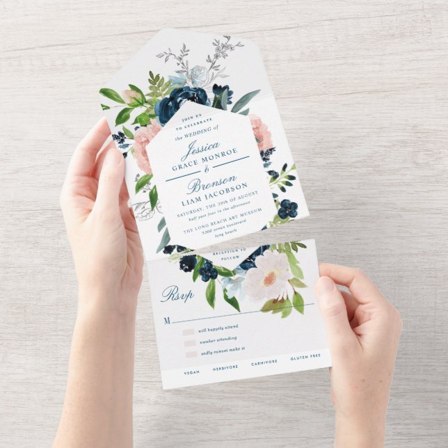 Casamento Floral Azul Marinho e Bege (Aba destacável)