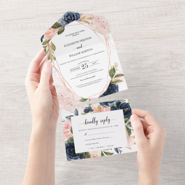 Casamento Floral Azul-Marinho Rosa Esbranquiçado c (Aba destacável)