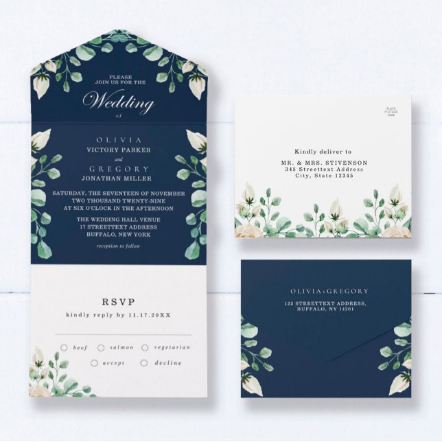 Casamento Floral Azul marinho Tudo Em Um Convite (Criador carregado)